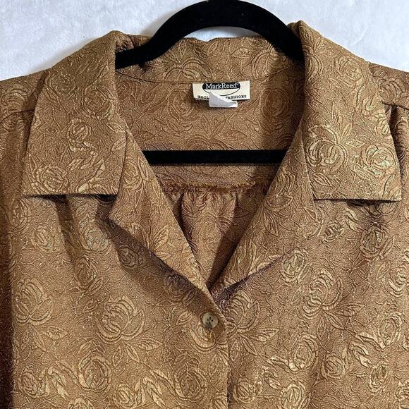 VTG Mark Reed Top Blouse Plus 18W 80s Jacquard Gold Tone‎ Rose Buttoned Women's - Picture 8 of 12